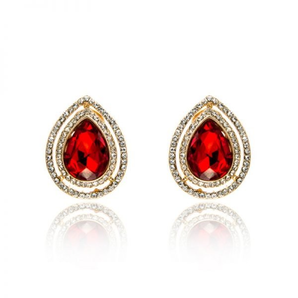 Pear Shape Ruby & Two Row Diamond Earrings